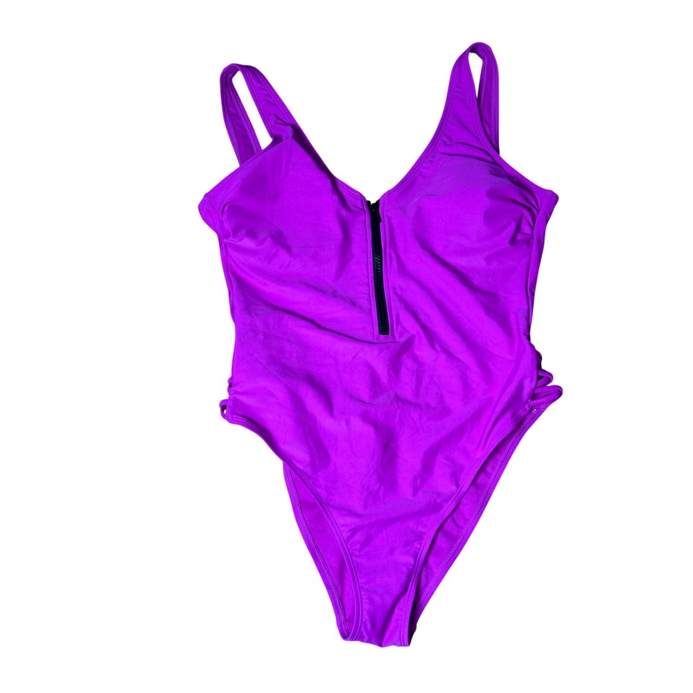Xhilaration Womens Fuchsia Purple Zip Front Strappy Side One Piece Swimsuit L